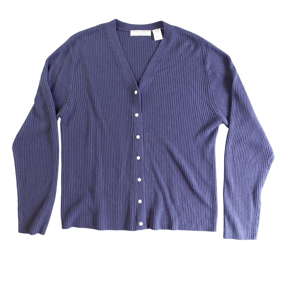 Vintage 90s Cardigan Womens XL Blue Ribbed Knit Lux Soft Button Up Cozy Nautical